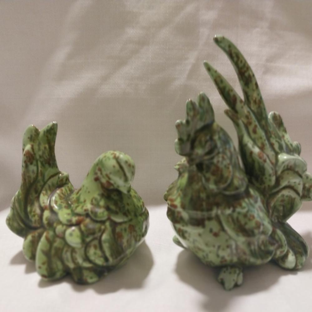 Vintage Handcrafted Green & Brown Speckled Glaze Ceramic Rooster and Hen